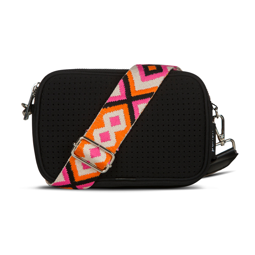 Double Zip Cross Body Black with orange and pink strap