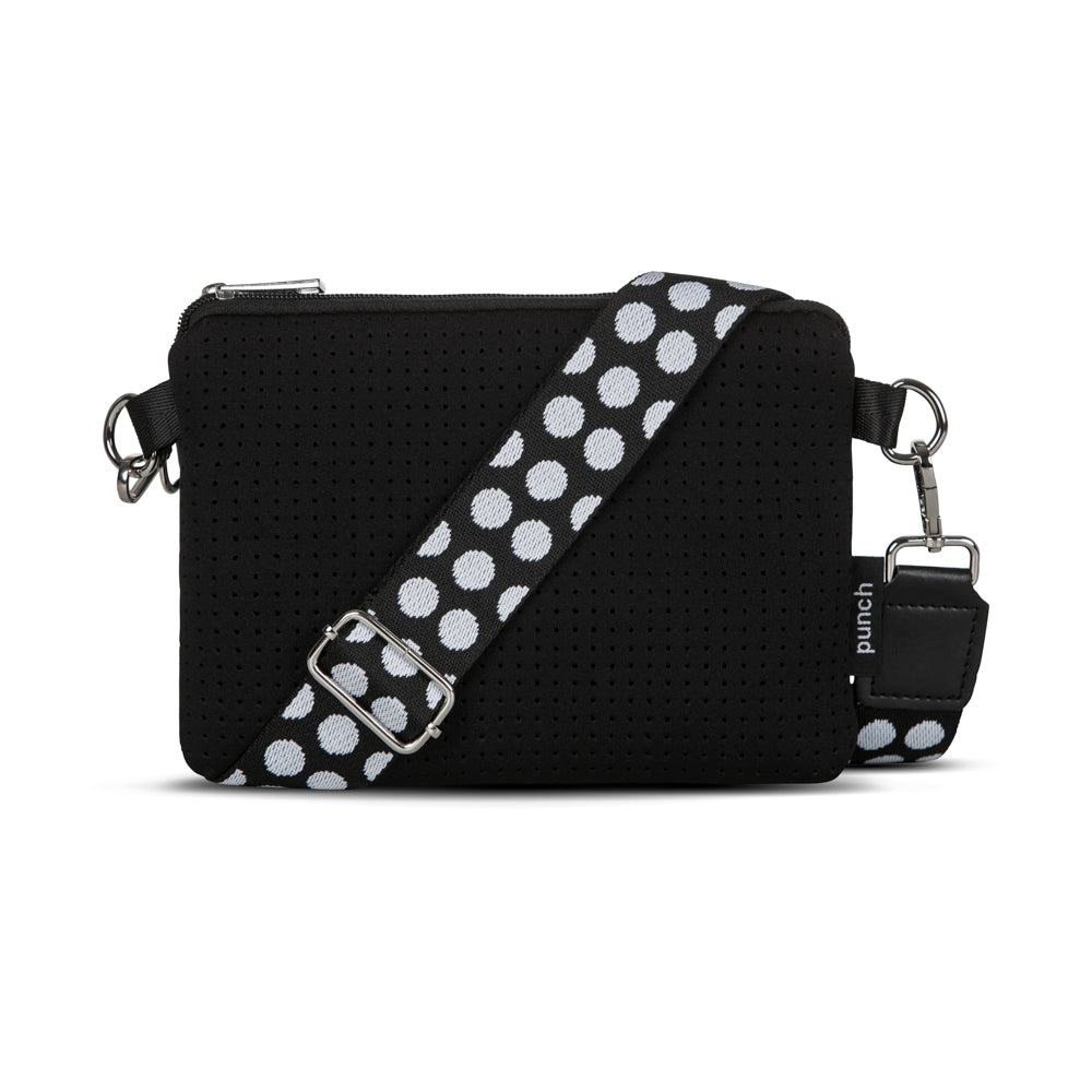 small rectangle crossbody bag black with black and white spot strap