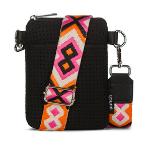 Petite Phone Crossbody Black with pink and orange strap