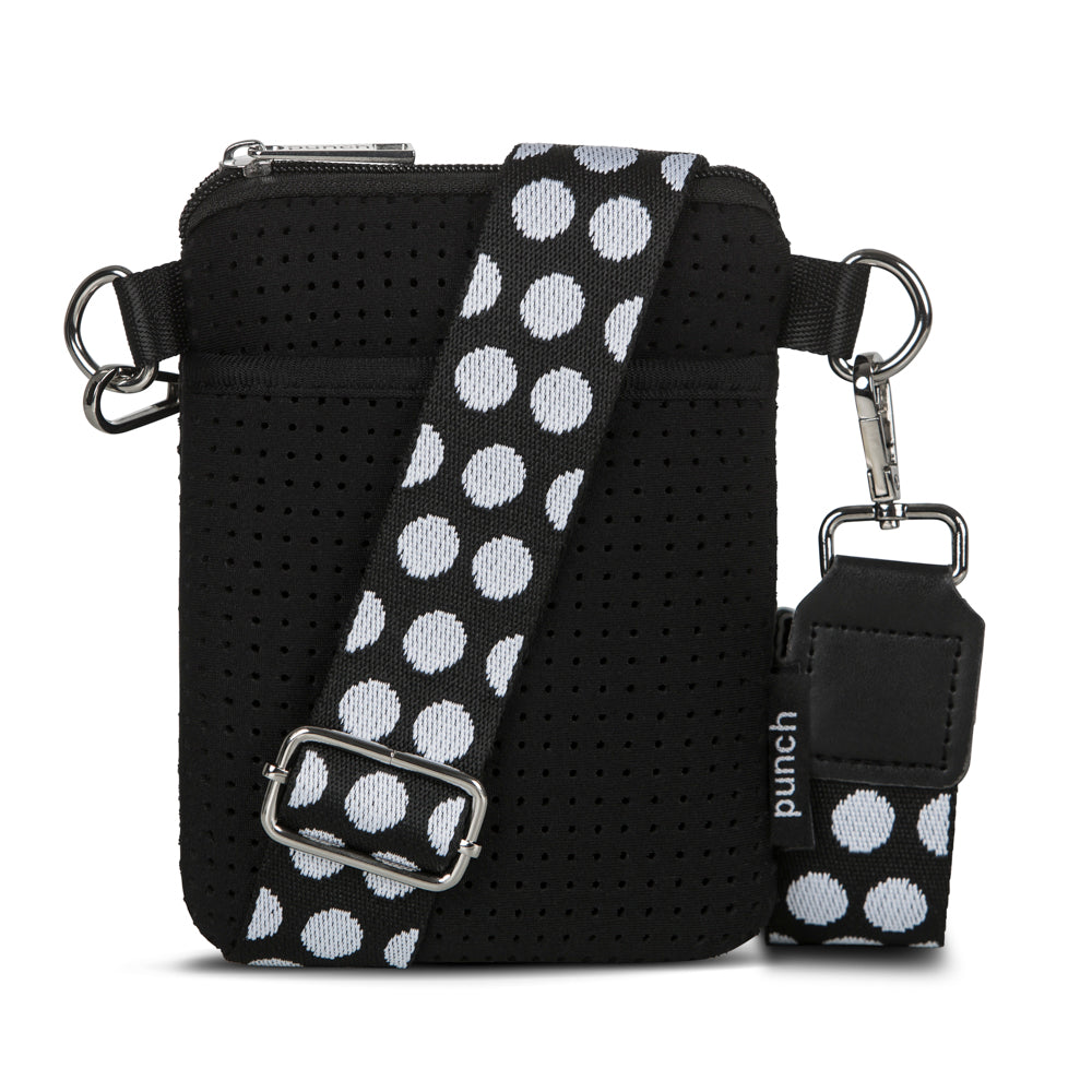 Petite Phone Crossbody Black with Black and White spot strap